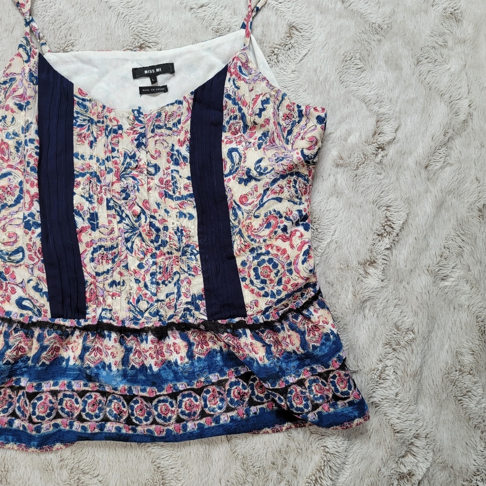 Miss Me Pleated Floral Tank Top in Navy Blue Sleeveless Size L - Picture 6 of 14